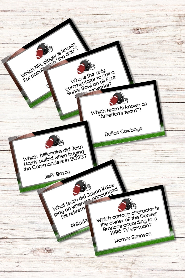 Football Trivia Cards laid on a wooden background, perfect for Super Bowl events