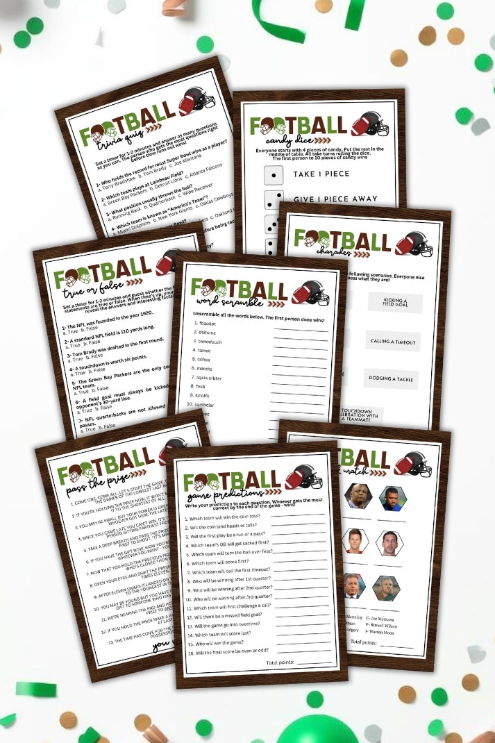 Multiple sheets of football-themed printables on a white background with confetti.