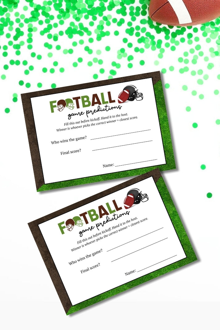 Two football game prediction cards on a white background with green confetti.
