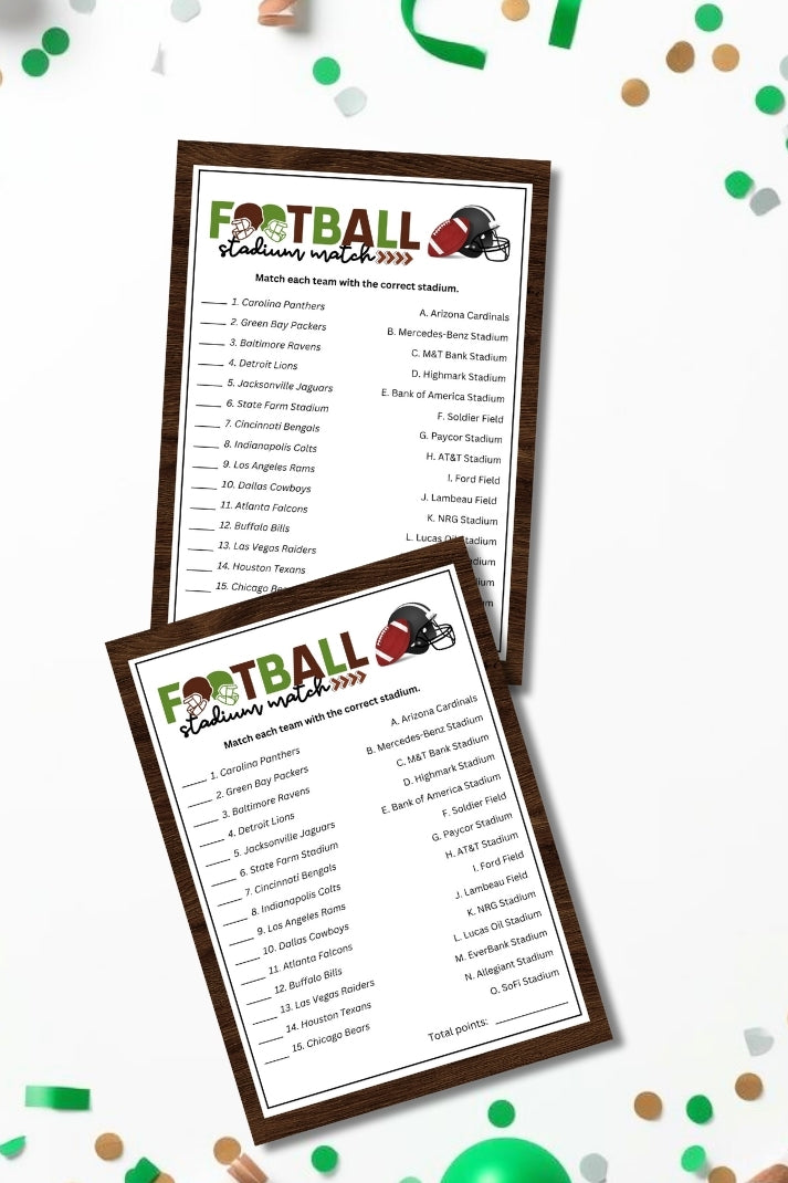 Two sheets of football-themed matching game on a white background with confetti.
