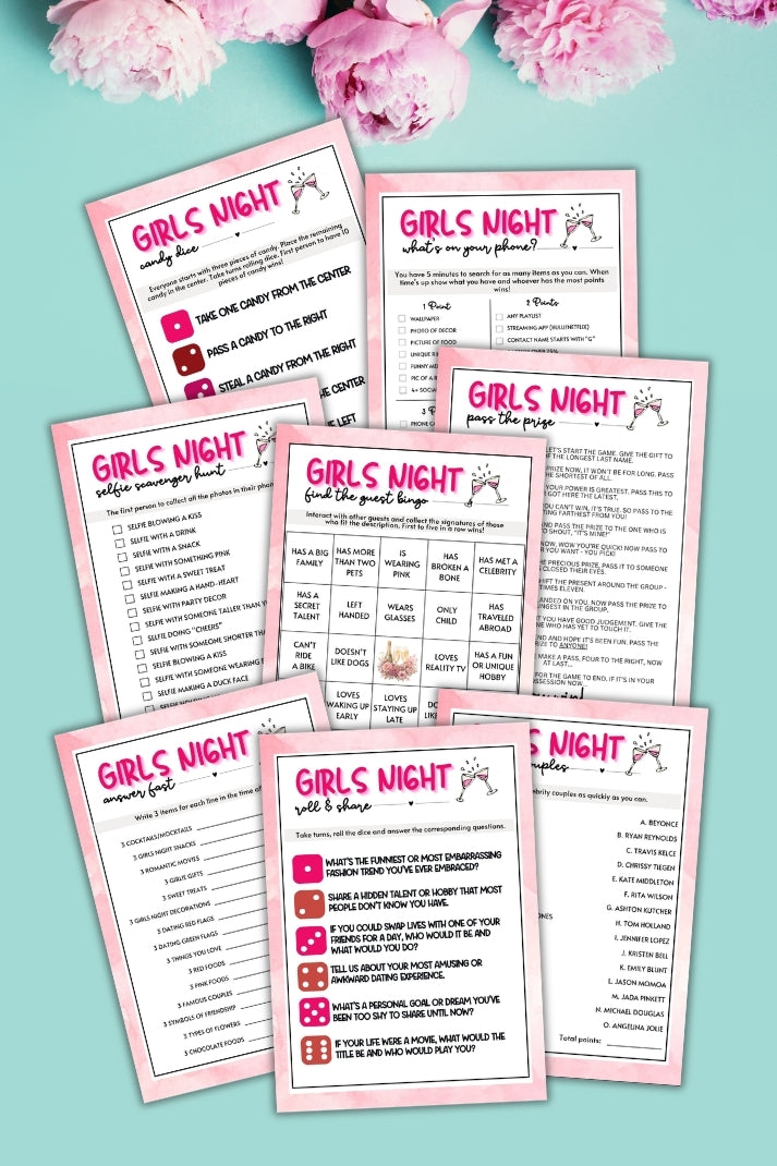 Multiple 'Girls Night' questionnaires on a light blue background with pink flowers.