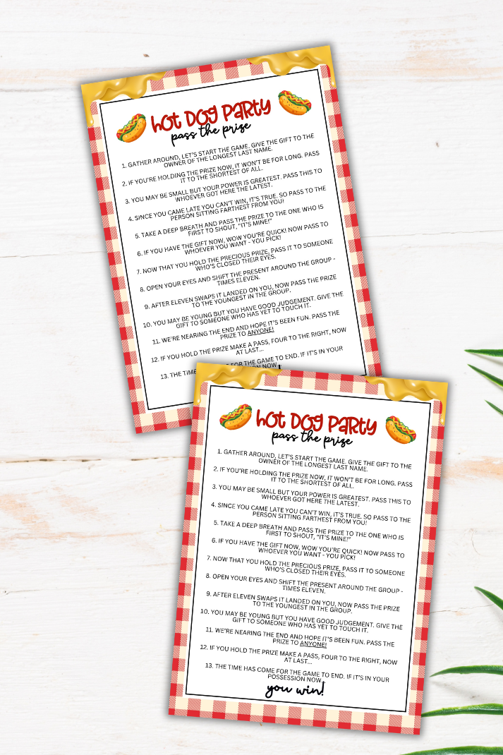 Are you seeking a fun and engaging activity to play with friends, family, coworkers, or other acquaintances at a hot dog-themed party this summer? Perhaps you want to celebrate National HotDog Day with foodie fun?! Whether you've got kids, teens, adults, and even seniors in your gathering or group, this fun Pass The Prize game from Party Prints Press is just what you need!