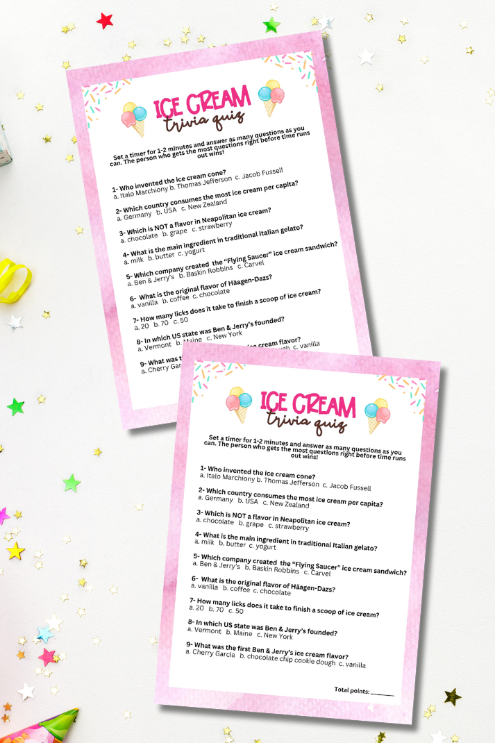 Looking for a fun and engaging activity to celebrate National Ice Cream Month, Ice Cream Day, Sundae Day or another sweet treat-themed celebration or event?  This simple trivia game from Party Prints Press is just what you need!