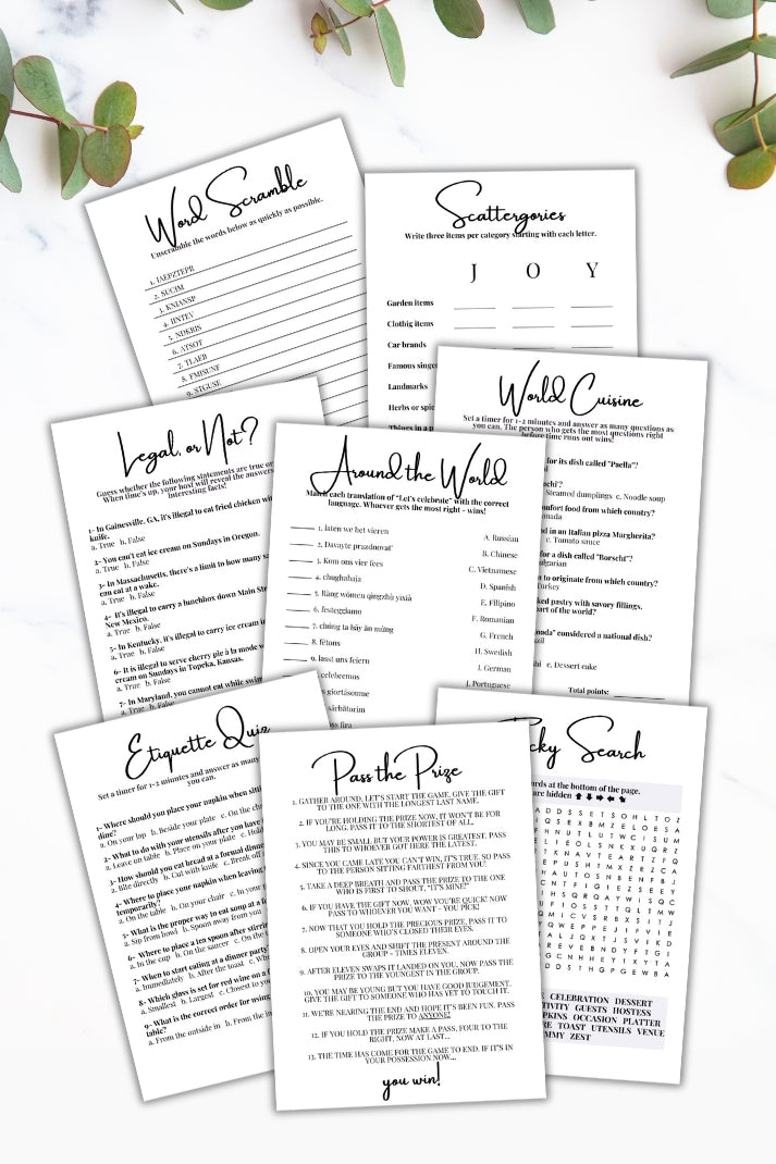 Set of printed word games or quizzes on a white background with greenery.