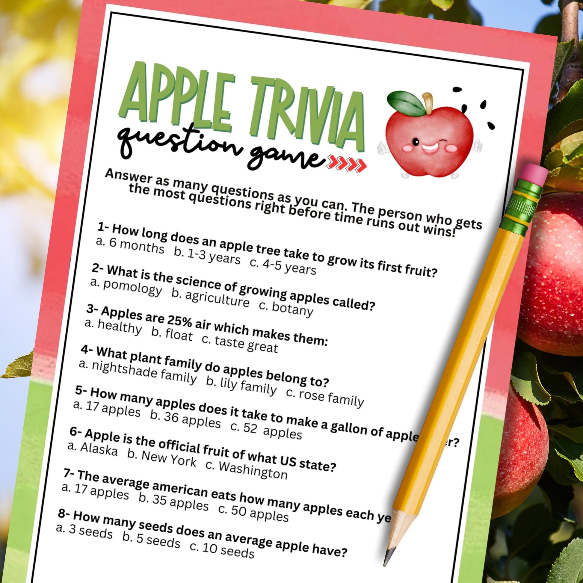 Are you seeking a fun and engaging activity to celebrate National Apple Day or another apple-themed celebration or event?  This simple trivia game from Party Prints Press is just what you need!