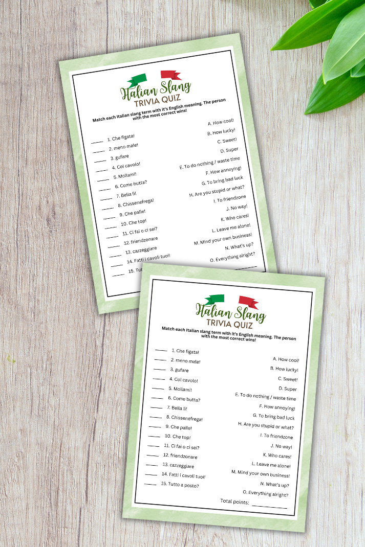 Are you hosting an Italian-themed event such as a pizza party, language learning gathering, or travel discussion? Experience an amusing and educational icebreaker with this cute and fun Italian Slang Matching Game from Party Prints Press!  This delightful game provides an opportunity for language learners and enthusiasts of all ages to enjoy themselves while matching common Italian slang expressions with their English translations.&nbsp;