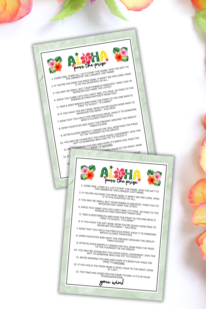 Are you seeking a fun and engaging activity to encourage guests to mix and mingle at your Hawaiian-themed Aloha event, tiki party, beach vacation, luau, birthday party, bachelorette or engagement party, or other fun summer gathering?   Whether you've got kids, teens, adults, and even seniors in your gathering or group, this fun Pass The Prize game from Party Prints Press is just what you need!&nbsp;