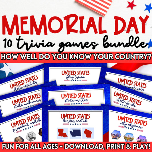 Memorial Day Trivia Games For Tweens Kids Seniors And Adults Quiz Questionnaire Pack Of Patriotic Holiday Activities Picture And Word Tests