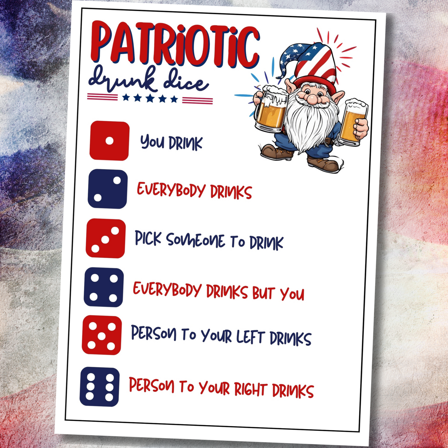 patriotic drunk dice independence day 4th of july red white and blue