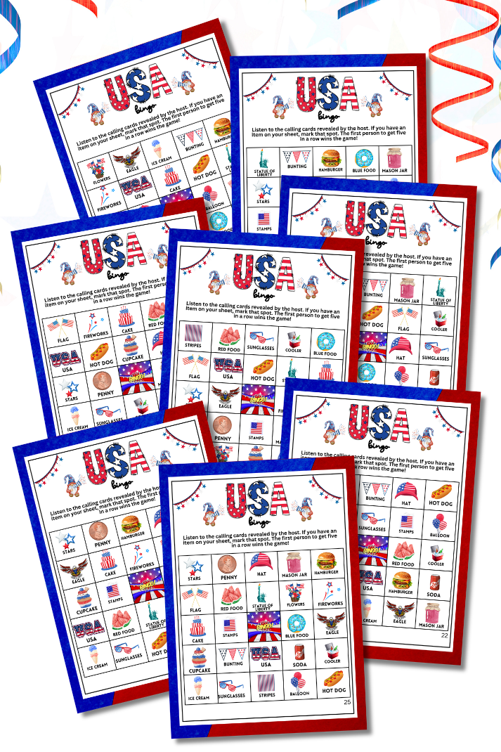 Patriotic BINGO Game - Fun for Labor Day, Memorial Day, Fourth of July, and More!  Looking for a festive, colorful, and fun activity for your patriotic celebrations, family gatherings, or community events? This delightful "Patriotic BINGO" game from Party Prints Press is just what you need!