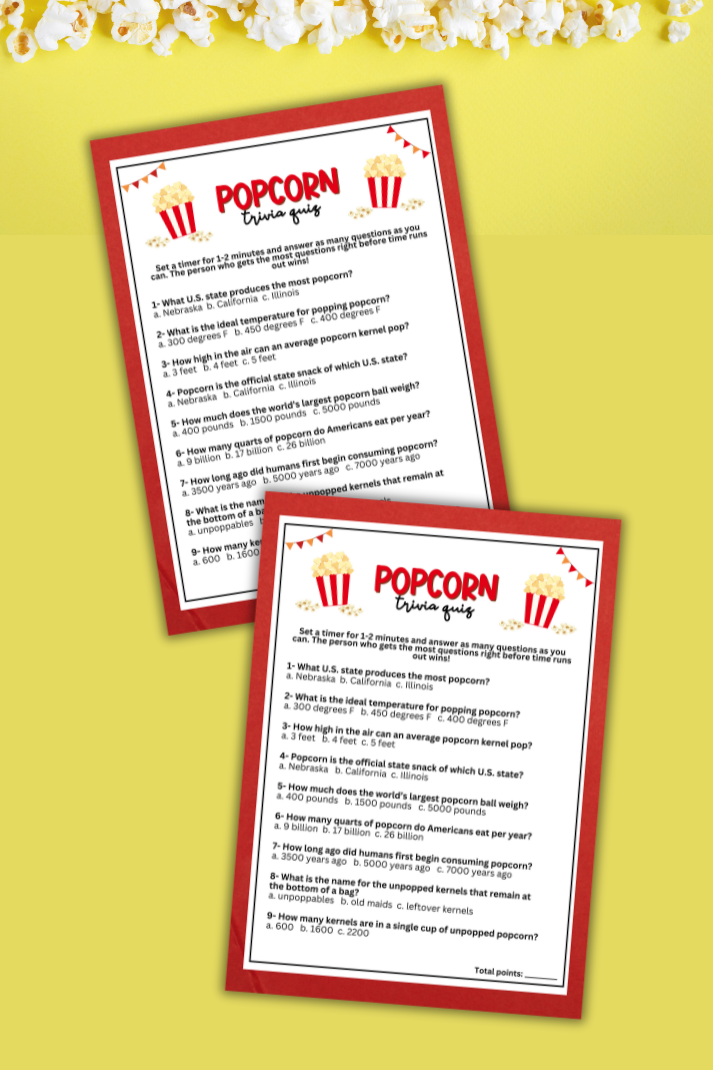 Are you looking for a unique and entertaining activity to add to your upcoming popcorn-themed birthday party, bridal shower, baby shower, fundraiser, office party, or other fun event?  If you need a last-minute idea to liven up your celebrations, this exciting Popcorn-Themed Trivia game from Party Prints Press is the perfect addition to your popcorn party or popcorn bar theme!
