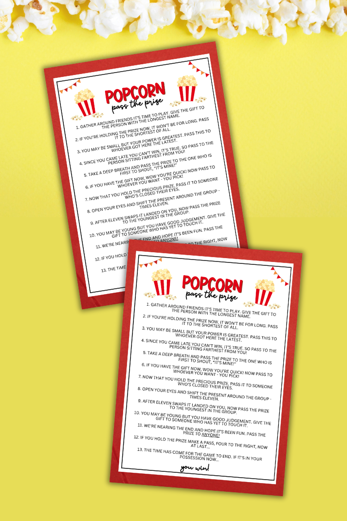 Are you looking for a unique and entertaining activity to add to your upcoming popcorn-themed birthday party, bridal shower, baby shower, fundraiser, office party, or other fun event?  If you need a last-minute idea to liven up your celebrations, this exciting Popcorn-Themed Pass the Prize game from Party Prints Press is the perfect addition to your popcorn party or popcorn bar theme!