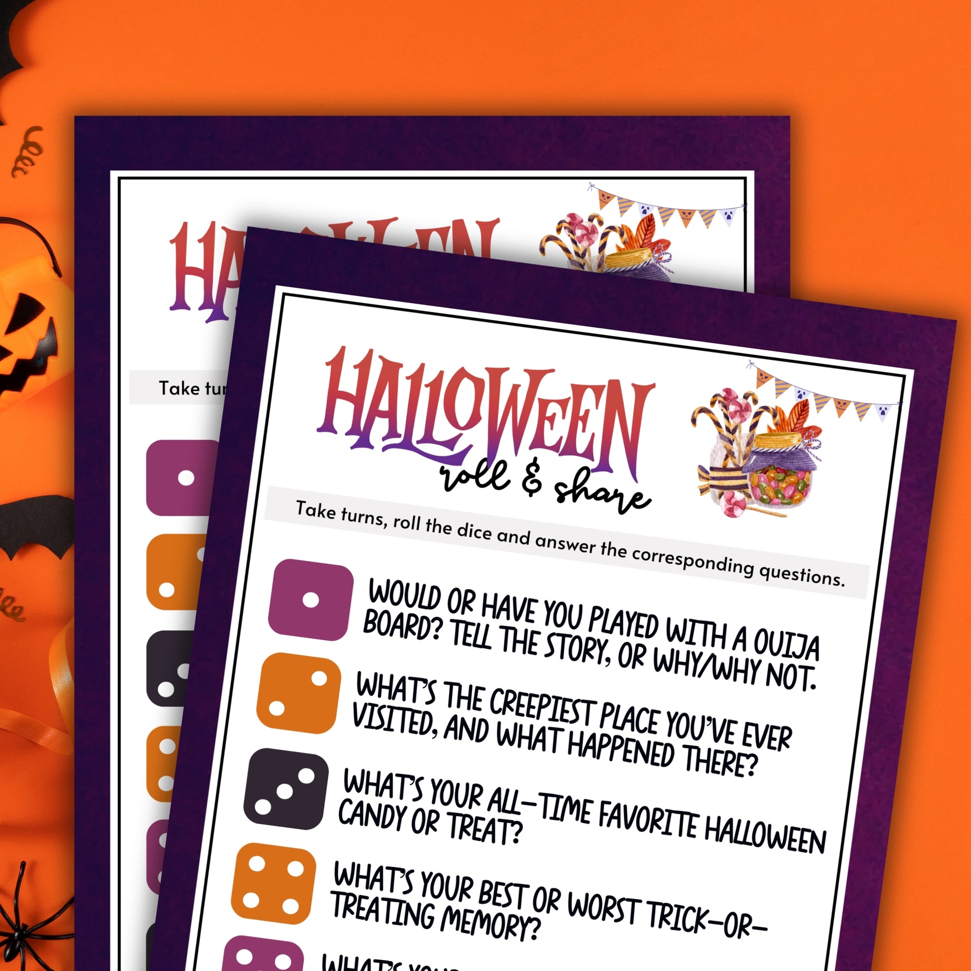 Add a unique and interactive twist to your Halloween party with the Halloween Roll and Share Dice Game!&nbsp; You will need a standard set of dice (not included.)