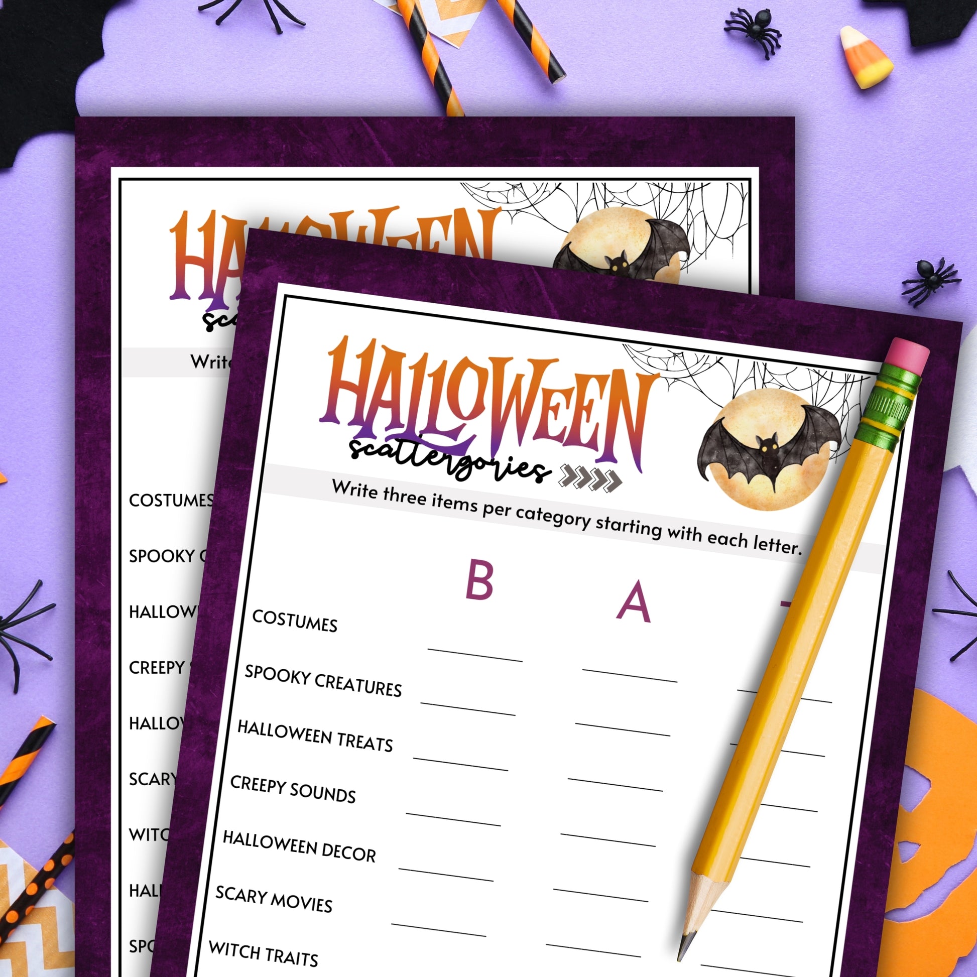 Bring out the creativity and quick thinking in your guests with the Halloween Scattergories Game! This classic word game gets a spooky twist, making it the perfect addition to your Halloween party lineup.