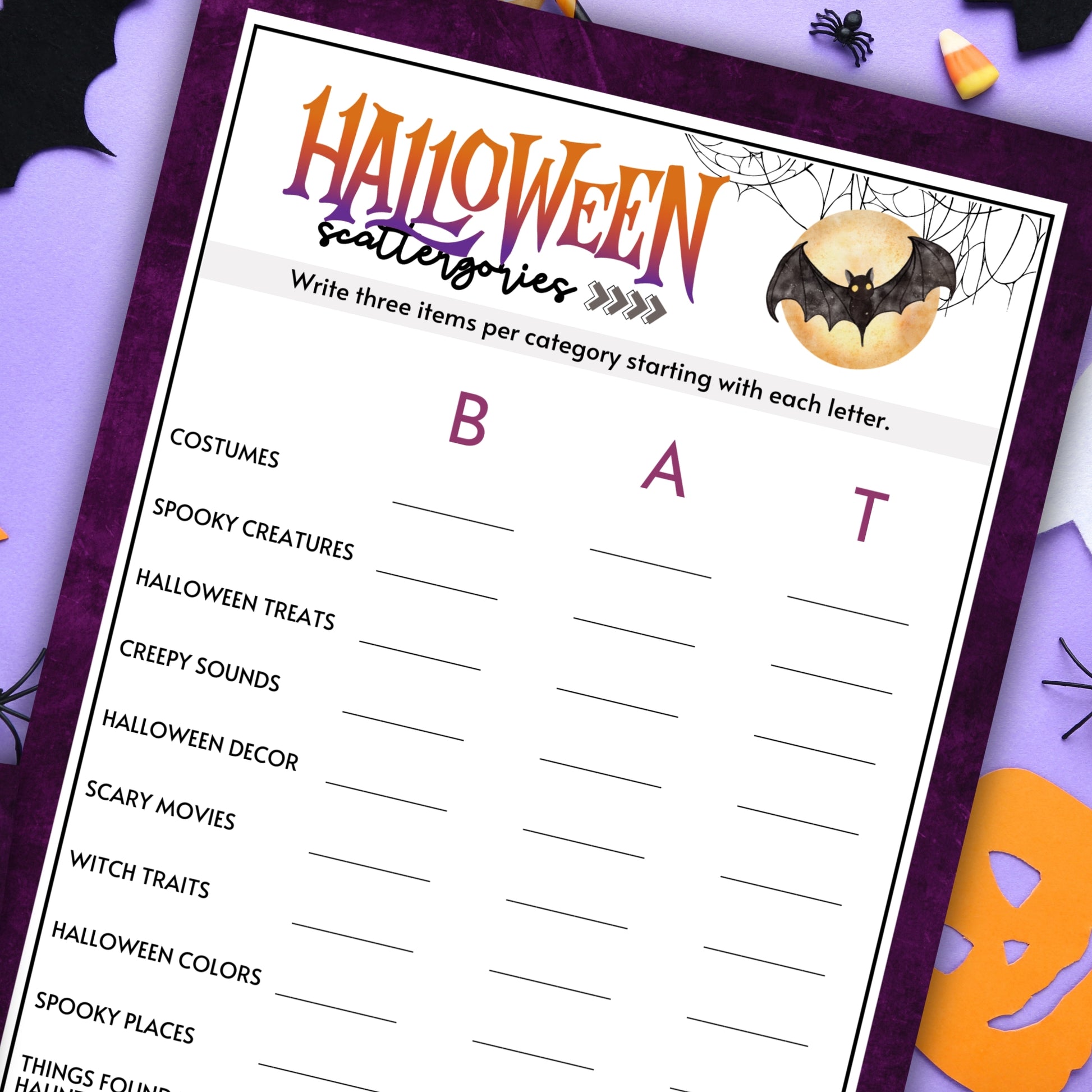 Bring out the creativity and quick thinking in your guests with the Halloween Scattergories Game! This classic word game gets a spooky twist, making it the perfect addition to your Halloween party lineup.