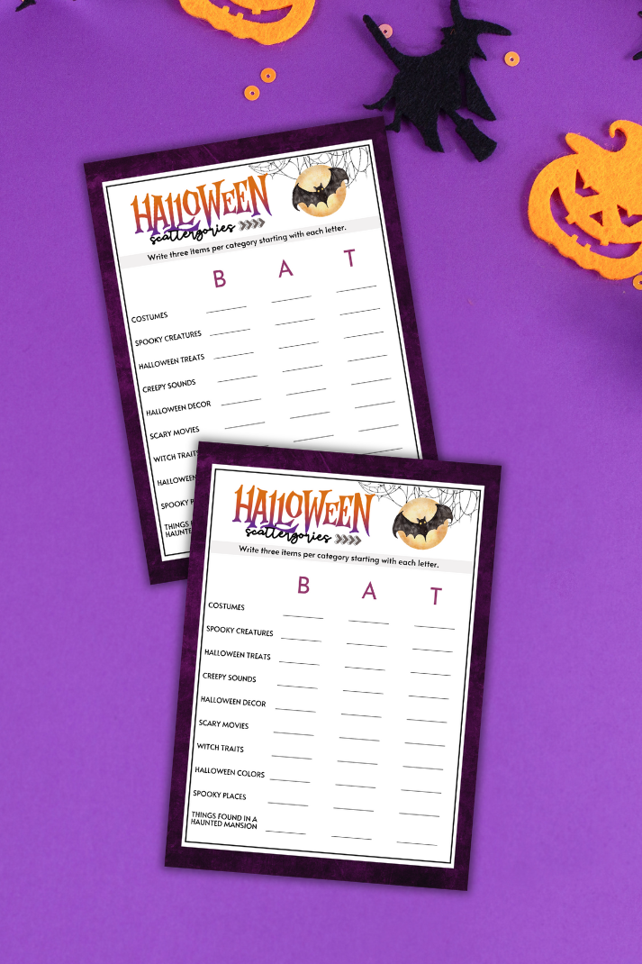 Bring out the creativity and quick thinking in your guests with the Halloween Scattergories Game! This classic word game gets a spooky twist, making it the perfect addition to your Halloween party lineup.