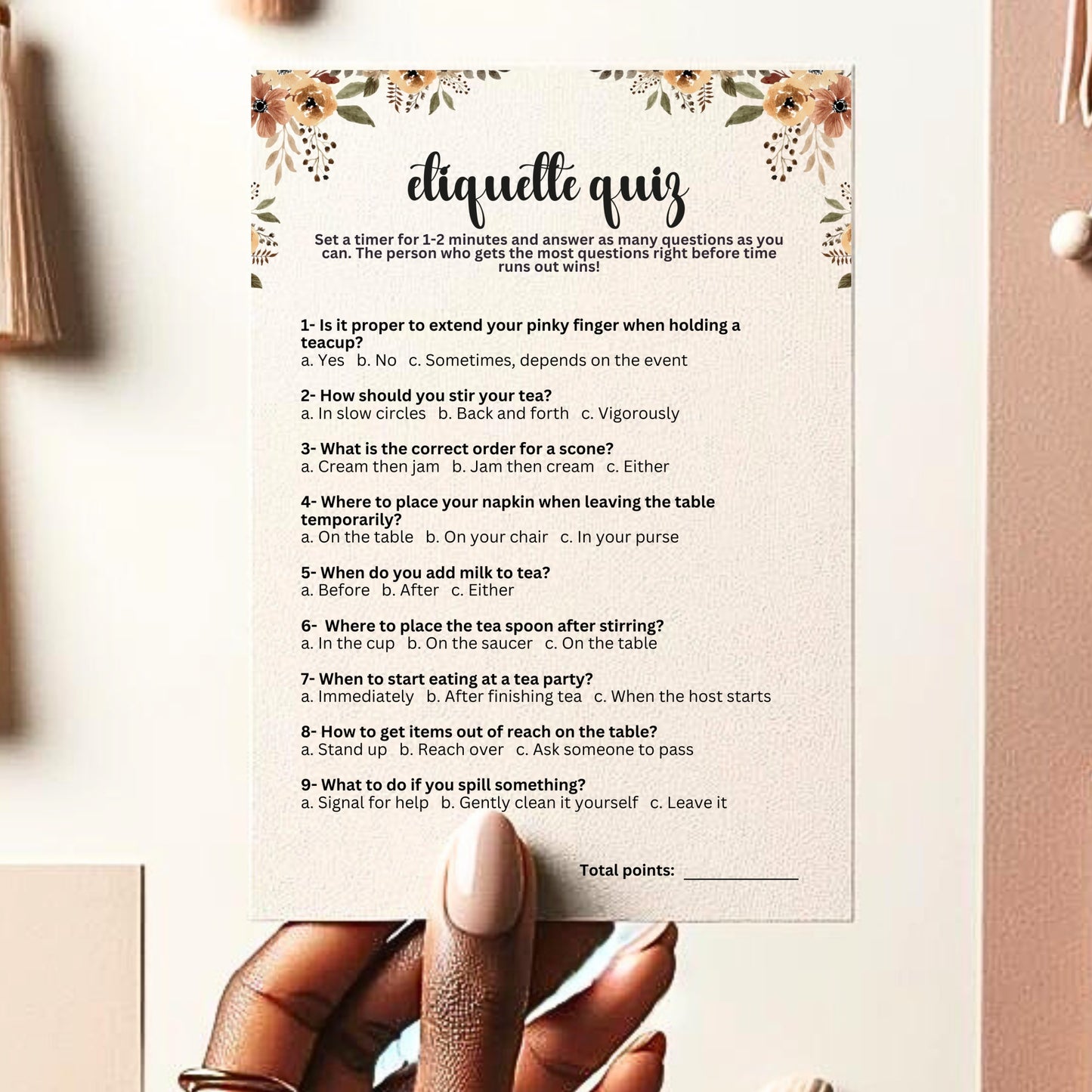 Tea Party Etiquette Quiz - This fun tea party game will add punch and pizazz to your dainty brunch or ladies luncheon! See who can guess the most etiquette facts correctly and win dame of the day!