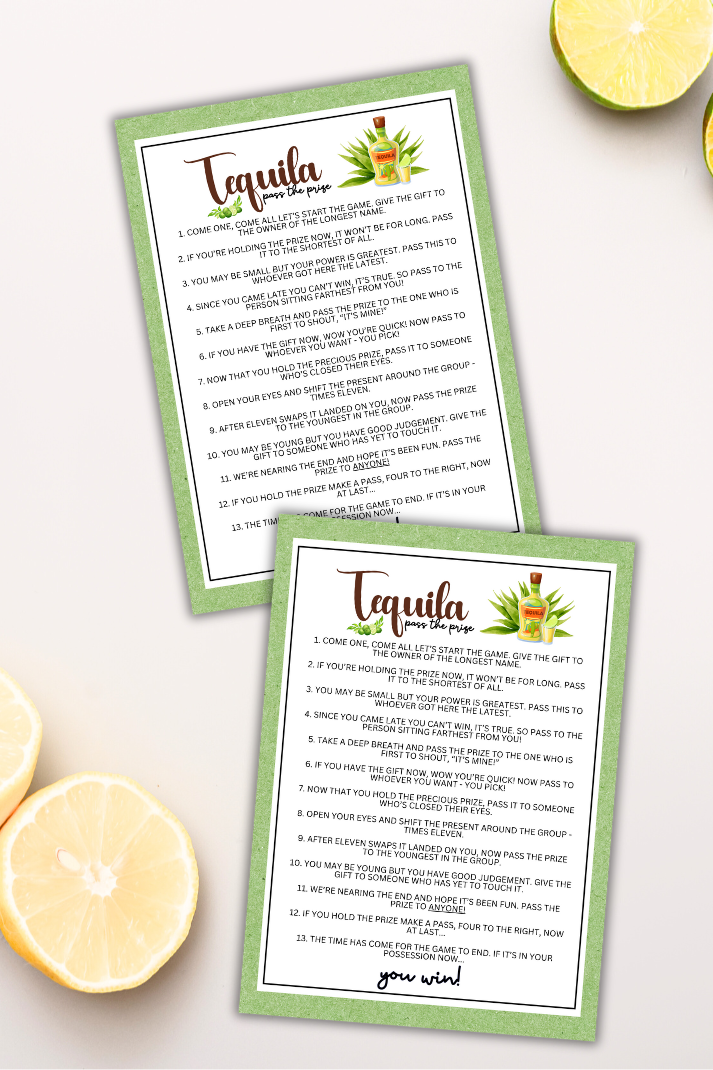 Are you seeking a fun and engaging activity to enjoy with friends at your upcoming alcohol-inspired event, dinner party, bachelor or bachelorette party or even just a pub crawl night on the town?   If you need a fun last-minute idea to add to your celebrations, this fun Tequila-Themed Pass The Prize game from Party Prints Press is just what you need!&nbsp;