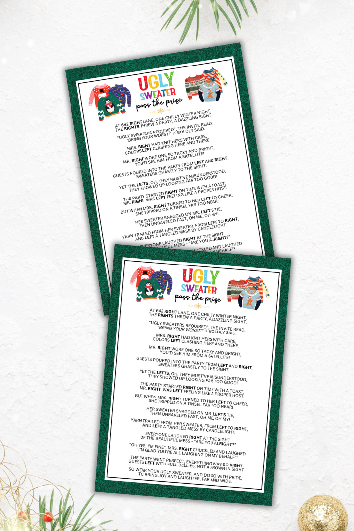 Unwrap the joy of the Christmas season with this festive and fun Ugly Sweater Party White Elephant Gift Exchange Dice Game!&nbsp;  Whether you're hosting an office or work party, a church event, a cozy dinner party with family and friends, or anything in between, this simple game is suitable for guests of all ages.