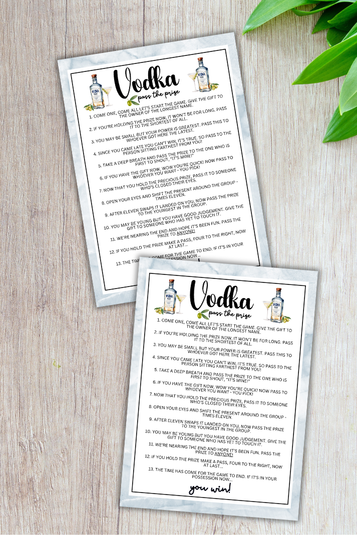 Are you seeking a fun and engaging activity to enjoy with friends at your upcoming alcohol-inspired event, dinner party, bachelor or bachelorette party or even just a pub crawl night on the town?   If you need a fun last-minute idea to add to your celebrations, this fun Vodka-Themed Pass The Prize game from Party Prints Press is just what you need!&nbsp;