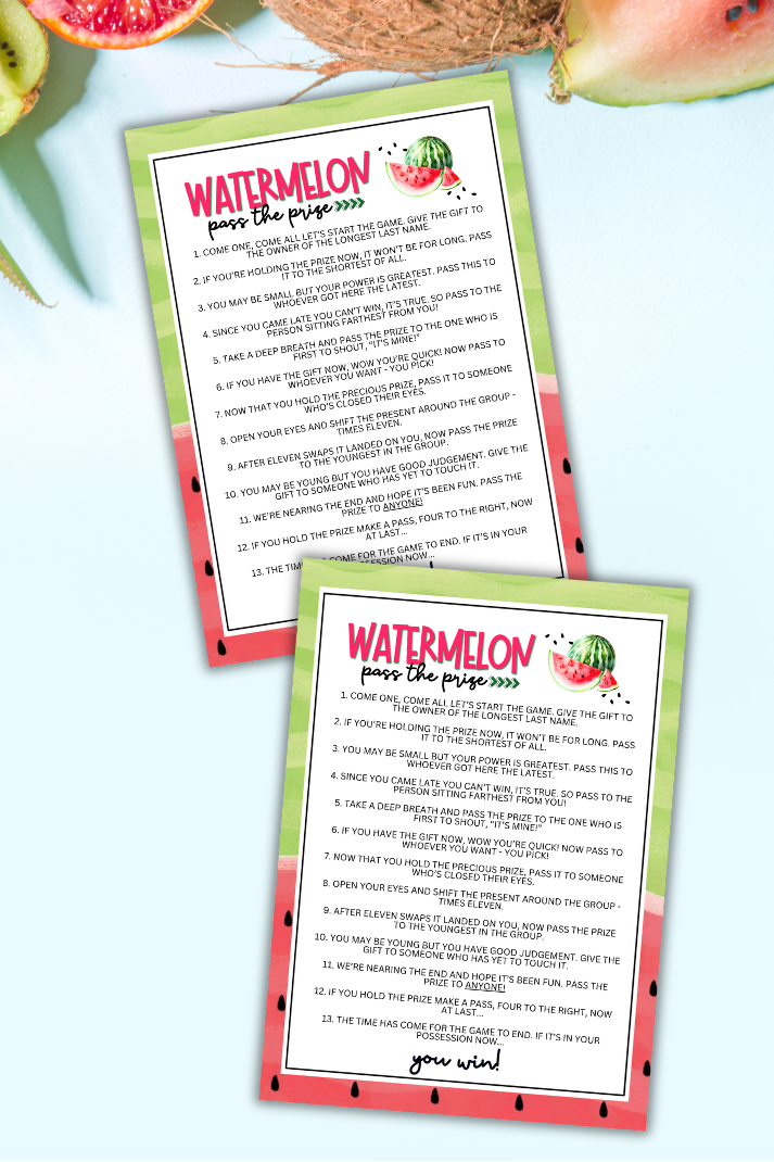 Are you hosting a watermelon-themed event and seeking a fun and engaging activity to get the party started?  Whether you've got kids, teens, adults, and even seniors in your gathering or group, this fun Pass The Prize game from Party Prints Press is just what you need to make your special occasion one to remember!