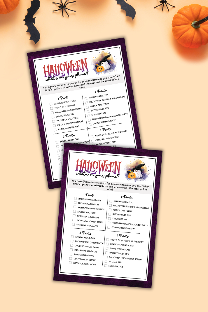 Bring some tech-savvy fun to your Halloween party with the Halloween What's On Your Phone Game!&nbsp;

This interactive game is a great way to get your guests exploring their devices while adding a playful twist to your spooky celebration.