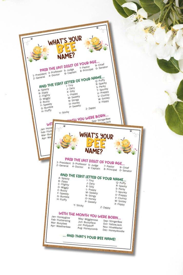 Whether you're celebrating your little one's 1st birthday party, hosting a baby shower, or need a cute and fun icebreaker party game to bring people together at a gender reveal, this "What's Your Bee Name" printable game from Party Prints Press is just what you need!