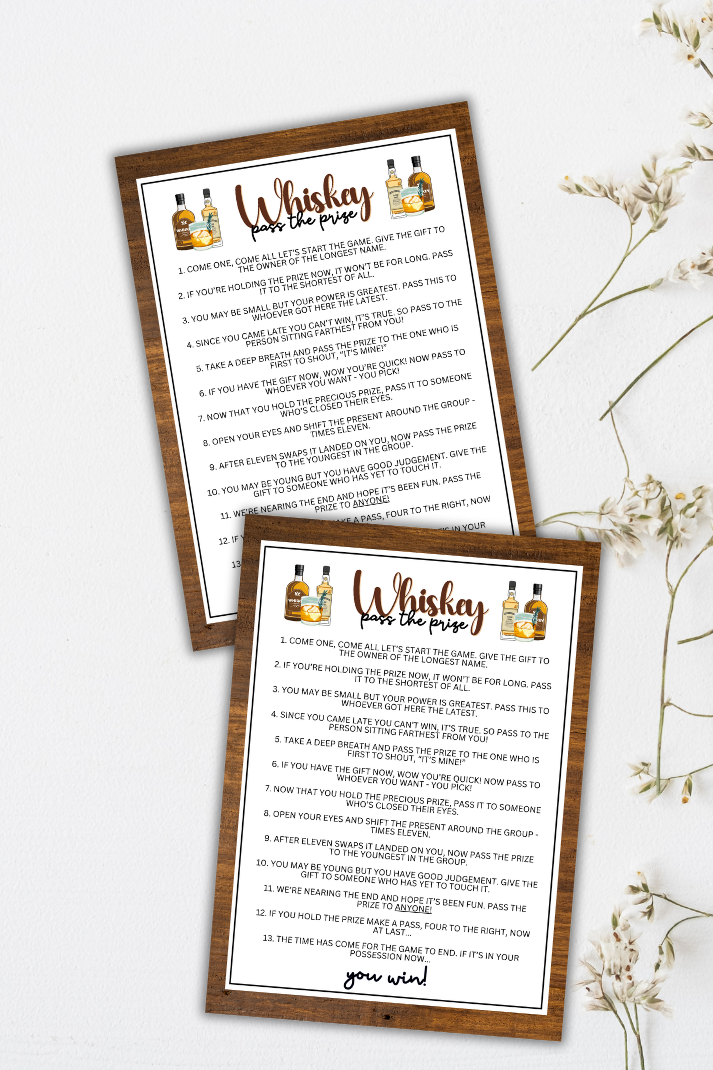 Are you seeking a fun and engaging activity to enjoy with friends at your upcoming alcohol-inspired event, dinner party, bachelor or bachelorette party or even just a pub crawl night on the town?   If you need a fun last-minute idea to add to your celebrations, this fun Whiskey-Themed Pass The Prize game from Party Prints Press is just what you need!&nbsp;