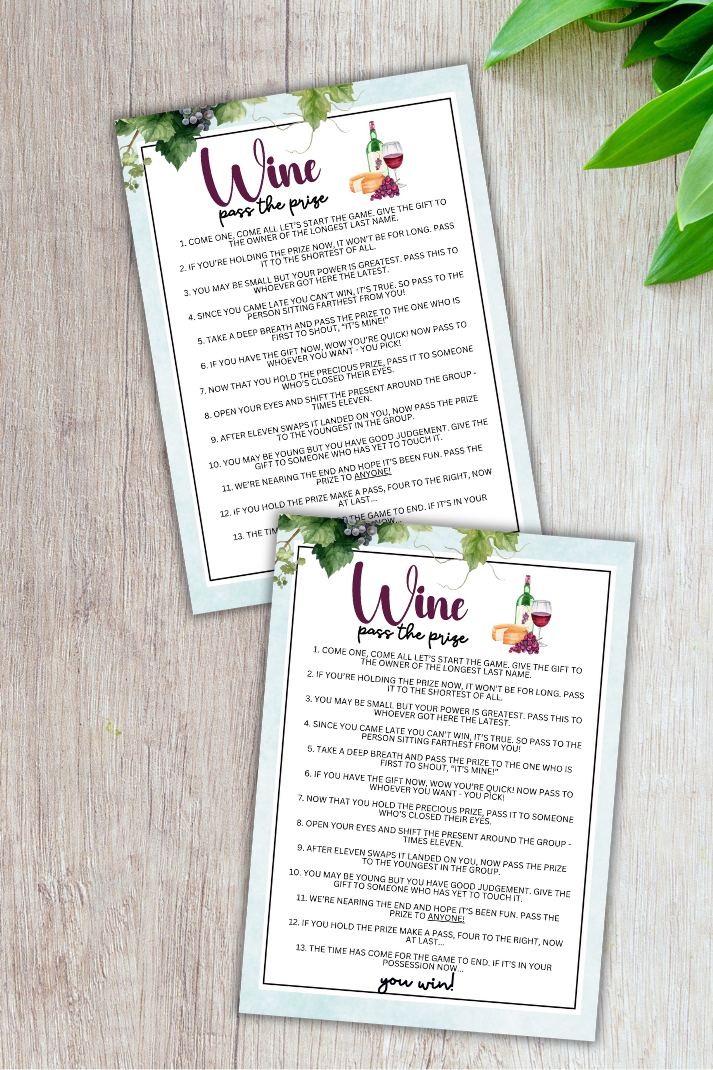 Are you seeking a fun and engaging activity to enjoy with friends at your upcoming alcohol-inspired event, dinner party, bachelor or bachelorette party or even just a pub crawl night on the town?   If you need a fun last-minute idea to add to your celebrations, this fun Wine-Themed Pass The Prize game from Party Prints Press is just what you need!&nbsp;