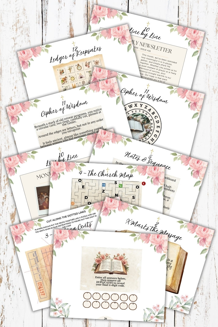 Collection of women's ministry printable escape room game items with floral designs on a wooden surface