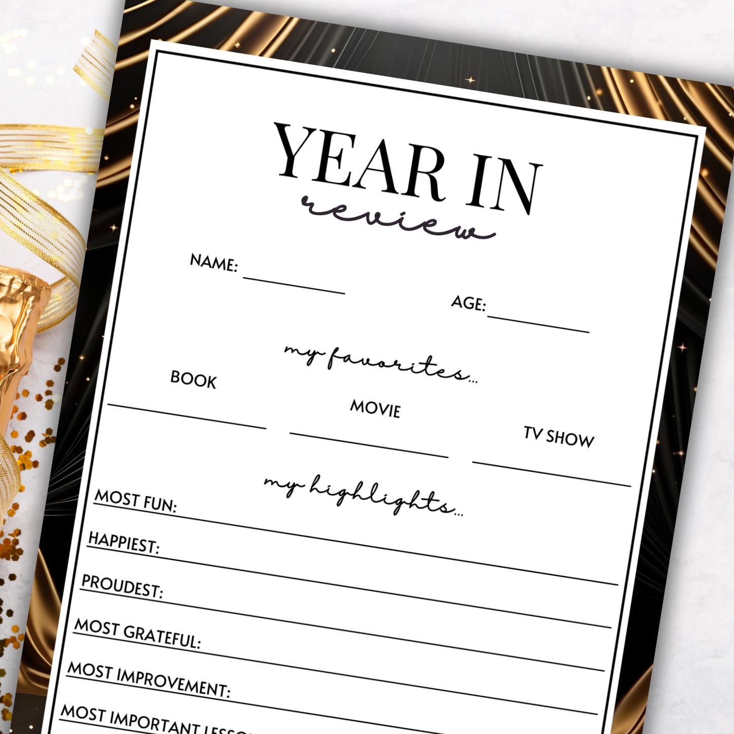 Year In Review Worksheet (New Year's Eve)